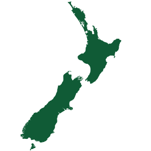 Map of New Zealand in green on a white background