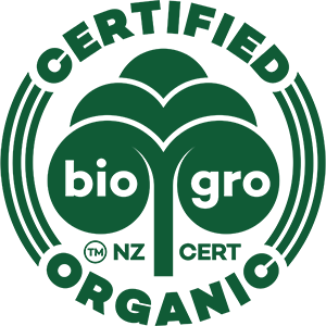 Certified Bio Gro Organic logo with green leaves and text on a white background