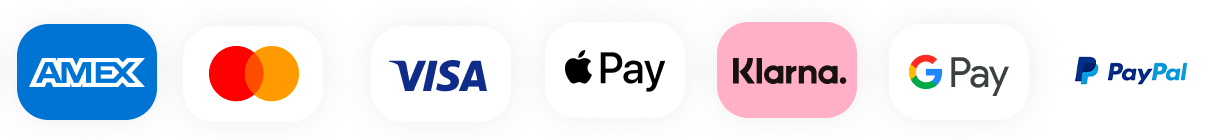 Payments via Amex, Mastercard, Visa, Apple Pay, Klarna, Google Pay and PayPal