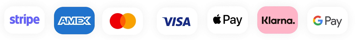 Payment via Amex, MasterCard, Visa, Applepay, Link, Google Pay, Afterpay or Klama