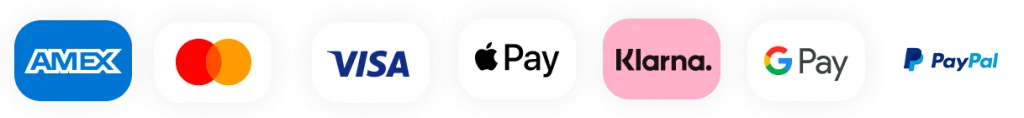 Payments via Amex, Mastercard, Visa, Apple Pay, Klarna, Google Pay and PayPal