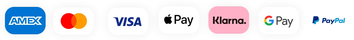 Payments via Amex, Mastercard, Visa, Apple Pay, Klarna, Google Pay and PayPal