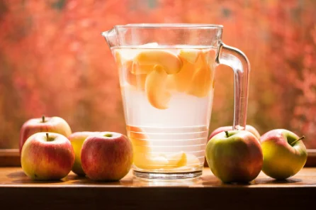 Apples next to a pitcher with chopped apples inside a liquid.